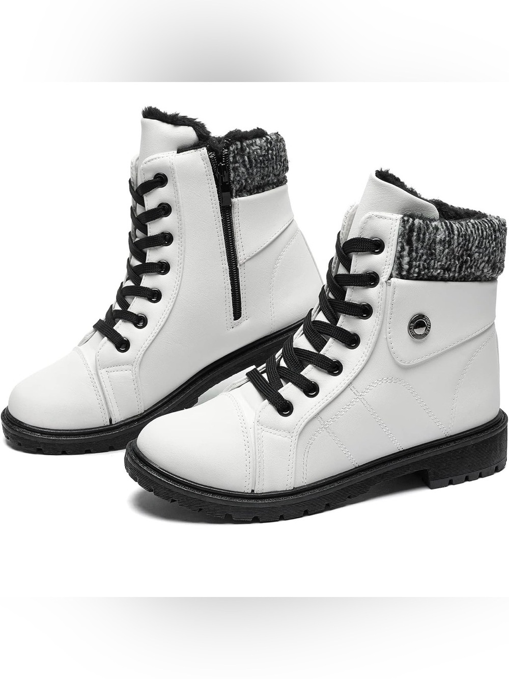 Women's White Lace-Up Ankle Boots with Black Trim